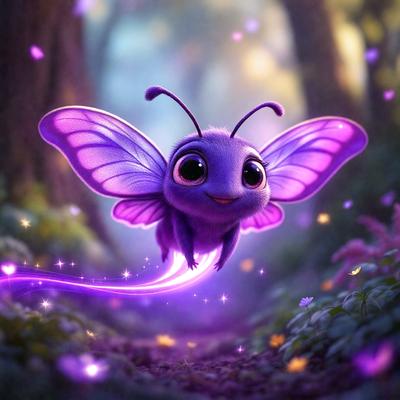 The primary subject of the image is a purple butterfly with a smiling face. The butterfly is flying in a forest setting, surrounded by trees and a path. The visual style of the image is digital art, with the butterfly being depicted in a whimsical and playful manner. The colors and mood of the image are predominantly purple, creating a sense of calmness and serenity.